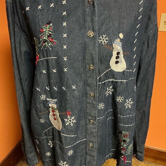 Vtg Y2K embroidered snowman denim shirt - Picture 6 of 10